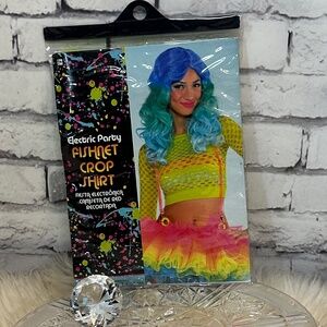 Electric Party Neon Green Fishnet Crop Long Sleeve Shirt OSFM